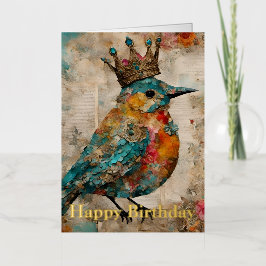 Blauwe Vogel in een Kroon Mixed Media Collage Verj Folie Wenskaart
