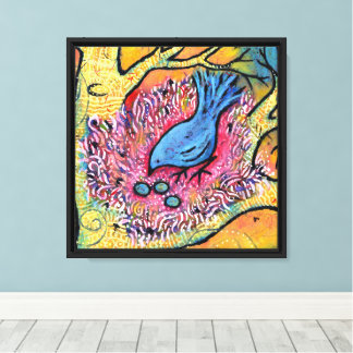 Blauwe Vogel in Nest met Eieren Canvas Afdruk