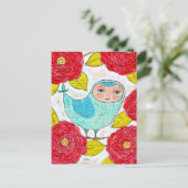 Blauwe vogel in Red Spring Garden Art Artist Briefkaart (Staand voorkant)