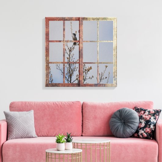 Blauwe vogel in venster canvas afdruk (Insitu (Woonkamer))