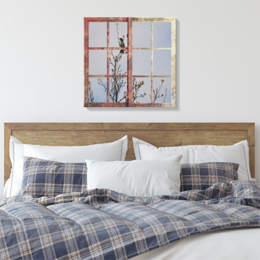 Blauwe vogel in venster canvas afdruk (Insitu (Slaapkamer))