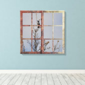 Blauwe vogel in venster canvas afdruk (Insitu (Houten vloer))