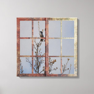 Blauwe vogel in venster canvas afdruk
