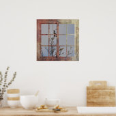 Blauwe vogel in venster poster (Keuken)