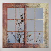 Blauwe vogel in venster poster (Voorkant)