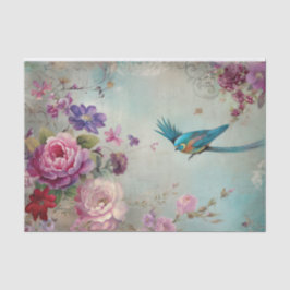 Blauwe Vogel Kleurrijke Bloemen Achtergrond Decoup Tissuepapier