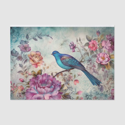 Blauwe Vogel Kleurrijke Bloemen Achtergrond Decoup Tissuepapier (Voorkant)