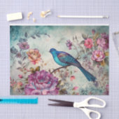 Blauwe Vogel Kleurrijke Bloemen Achtergrond Decoup Tissuepapier (Craft)