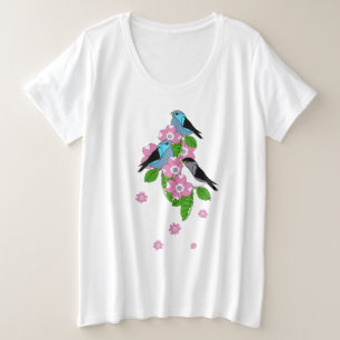 Blauwe vogel, lente volksbloemen, alleen voorzijde grote maat t-shirt