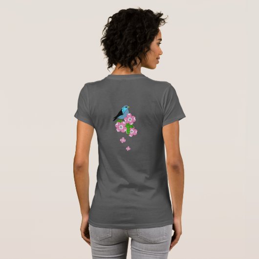 Blauwe vogel, lentepomp bloemen, voor- en achterka t-shirt (Achterkant volledig)