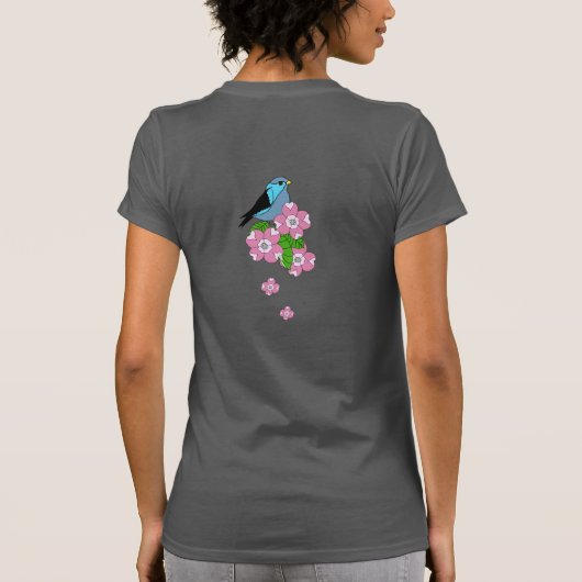 Blauwe vogel, lentepomp bloemen, voor- en achterka t-shirt (Achterkant)