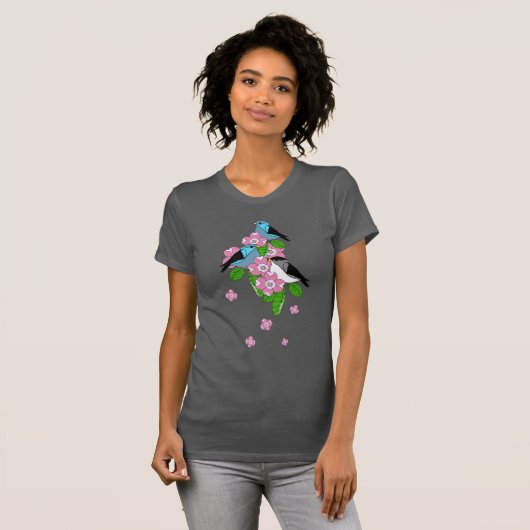 Blauwe vogel, lentepomp bloemen, voor- en achterka t-shirt (Voorkant volledig)