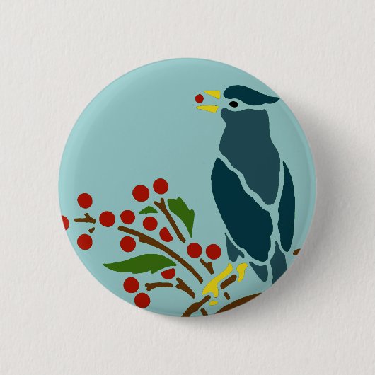 Blauwe vogel met Berries Ronde Button 5,7 Cm (Voorkant)