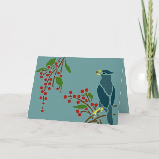 Blauwe vogel met bessen feestdagen kaart (Voorkant)