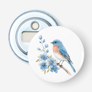 Blauwe vogel met blauwe bloemen button flesopener