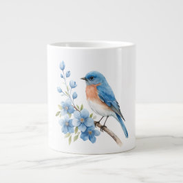 Blauwe vogel met blauwe bloemen grote koffiekop