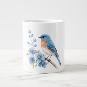 Blauwe vogel met blauwe bloemen grote koffiekop