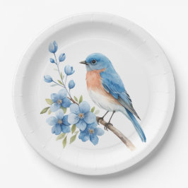 Blauwe vogel met blauwe bloemen papieren bordje