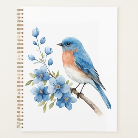 Blauwe vogel met blauwe bloemen planner (Voorkant)