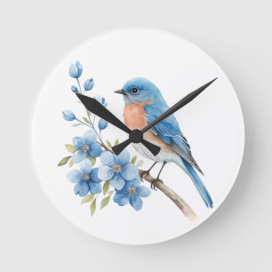 Blauwe vogel met blauwe bloemen ronde klok