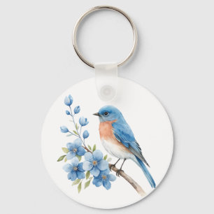 Blauwe vogel met blauwe bloemen sleutelhanger
