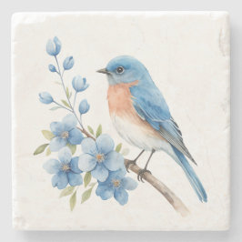 Blauwe vogel met blauwe bloemen stenen onderzetter