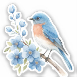 Blauwe vogel met blauwe bloemen sticker