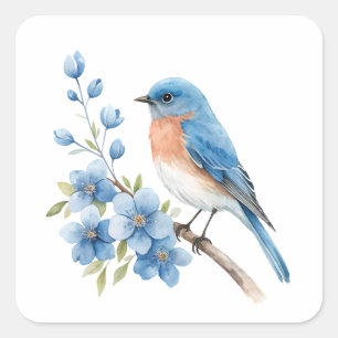 Blauwe vogel met blauwe bloemen vierkante sticker