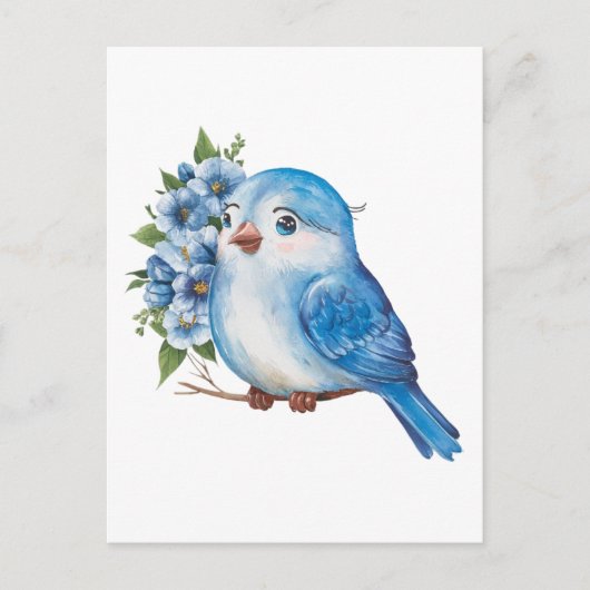 Blauwe vogel met bloemen briefkaart (Voorkant)