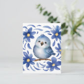 Blauwe Vogel met bloemen Briefkaart (Staand voorkant)