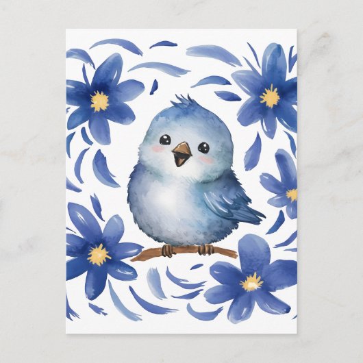 Blauwe Vogel met bloemen Briefkaart (Voorkant)