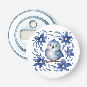 Blauwe Vogel met bloemen Button Flesopener