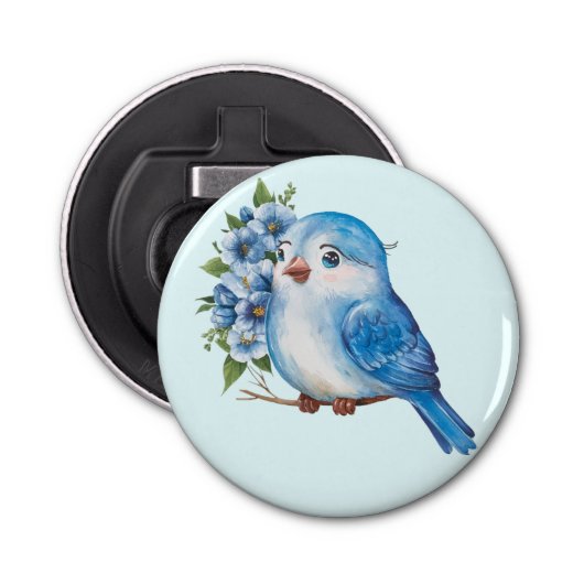 Blauwe vogel met bloemen button flesopener (Voorkant)