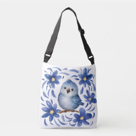 Blauwe Vogel met bloemen Crossbody Tas