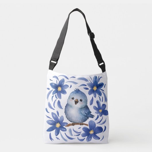 Blauwe Vogel met bloemen Crossbody Tas (Voorkant)