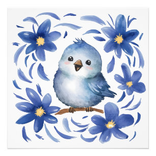 Blauwe Vogel met bloemen Foto Afdruk