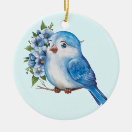 Blauwe vogel met bloemen keramisch ornament