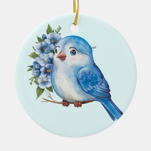 Blauwe vogel met bloemen keramisch ornament (Voorkant)