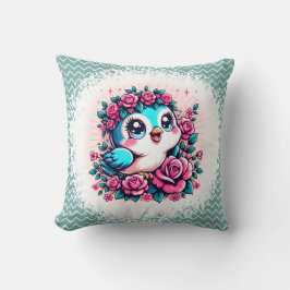 Blauwe Vogel met Bloemen Kussen