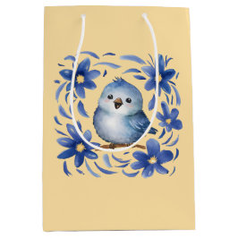 Blauwe Vogel met bloemen Medium Cadeauzakje