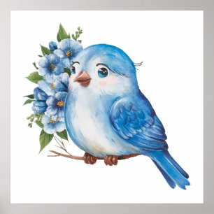 Blauwe vogel met bloemen poster