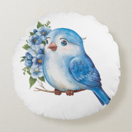 Blauwe vogel met bloemen rond kussen