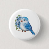 Blauwe vogel met bloemen ronde button 3,2 cm (Voorkant)