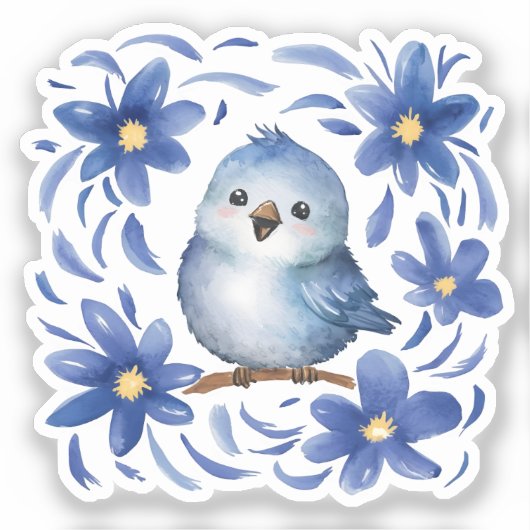 Blauwe Vogel met bloemen Sticker (Voorkant)
