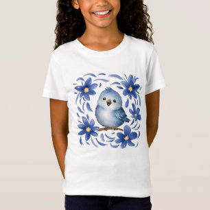 Blauwe Vogel met bloemen T-shirt