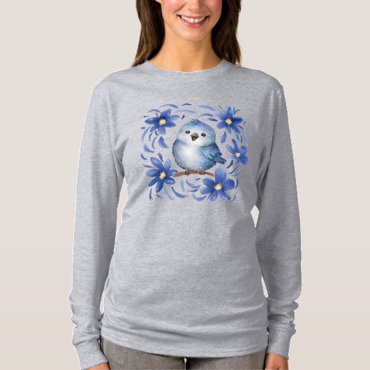 Blauwe Vogel met bloemen T-shirt (Voorkant)