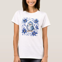 Blauwe Vogel met bloemen T-shirt