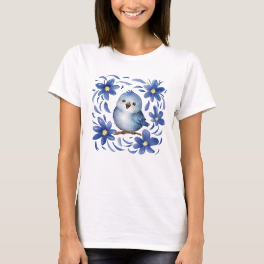 Blauwe Vogel met bloemen T-shirt (Voorkant)