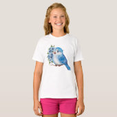 Blauwe vogel met bloemen t-shirt (Voorkant volledig)