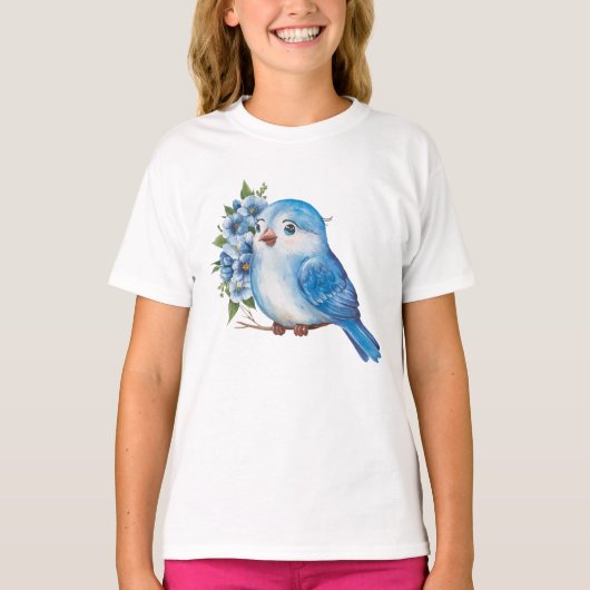 Blauwe vogel met bloemen t-shirt (Voorkant)